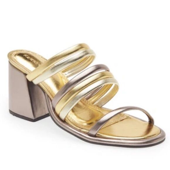 Revolve FARM RIO Block Heel Slide Sandal in Gold & Silver NWOT Size US 8 - Picture 1 of 13